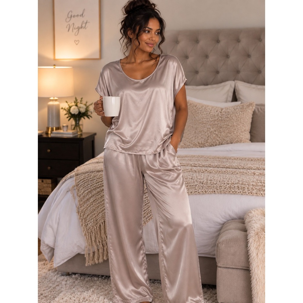 PJ Harlow Satin Loungewear Made In The USA Pajama Set Silver Large